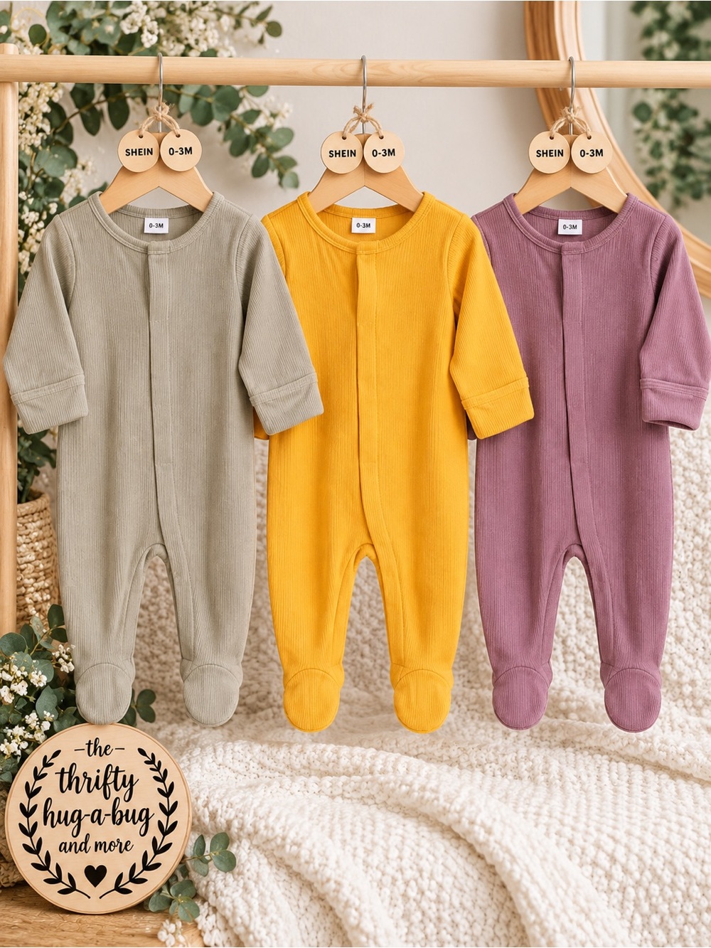 SHEIN Baby 0β3M Ribbed Footed Sleeper Bundle Sage Mustard Mauve 3 Pieces